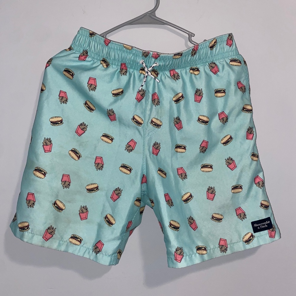 Abercrombie and Fitch Boy's 15/16 Swim Trunks; Light Blue/ Green With Design